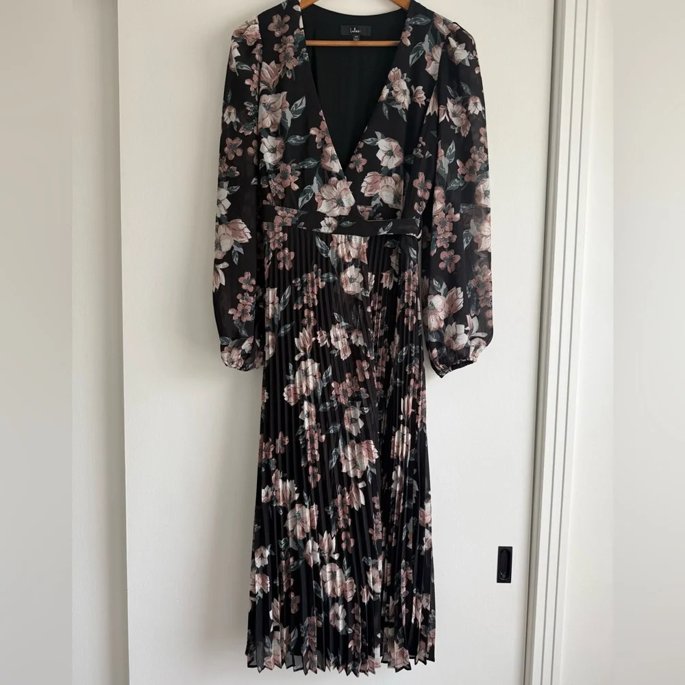 Lulu's Blooming Whimsy Black Floral Pleated Midi Wrap Dress - Picture 4 of 14